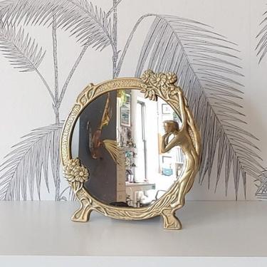 Vintage Mirror, Tabletop, Art Deco period, Brass Sculptural Frame, circa 30's 