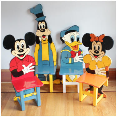 F3136 Vintage Disney Folkart Set of 4 Mickey Mouse Wooden Hand Made &amp; Painted Child's Chairs 