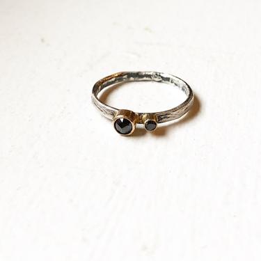 Double Black Diamond Ring in 14k Yellow Gold on Thin Silver Black Band Two Stone Ring Asymmetric 