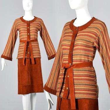Small Pierre Cardin Cardigan Bohemian Separates Boho Sweater Leather Skirt Vintage 1970s Knit Top Hippie 