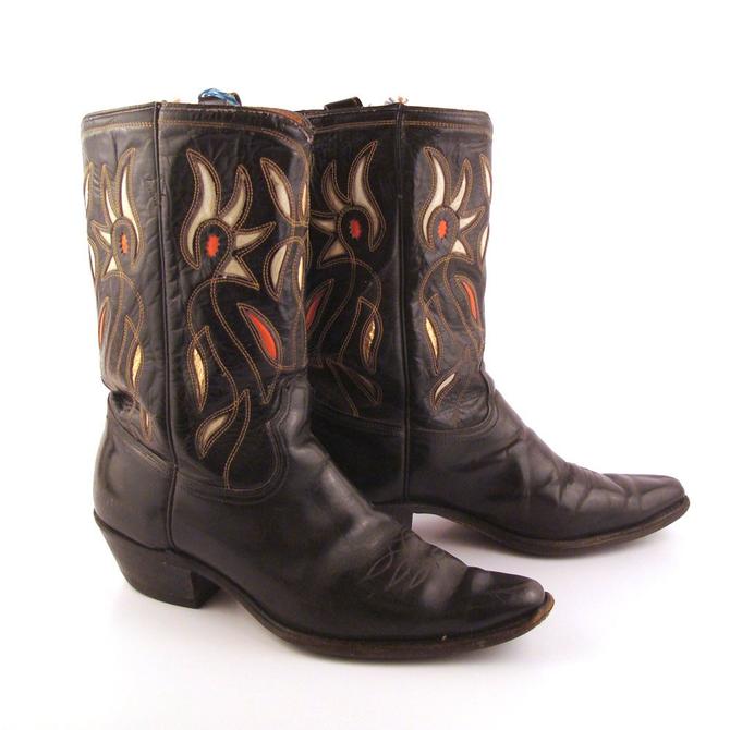 Vintage 1950s ACME Black Leather & Fancy Inlay Cowboy Boots