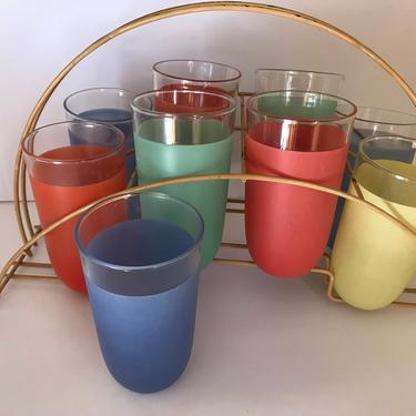 Vintage Set of 7 Vintage Colorful Rainbow Coated Ice Tea Tumblers Glasses with Carrier Rack 