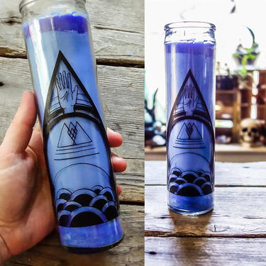 Witchy Tall Glass 7 Day Prayer or Spell Candle for Altar Hands Occult Symbols, Geometric Esoteric Art Candleholder, Magic Witch Home Decor 