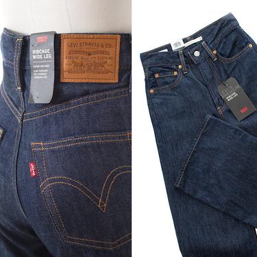 Vintage Style Jeans | 1940s 1950s Inspired LEVI'S Deadstock Dark Blue Denim High Waisted "Ribcage" Wide Leg Jeans (x-small) 