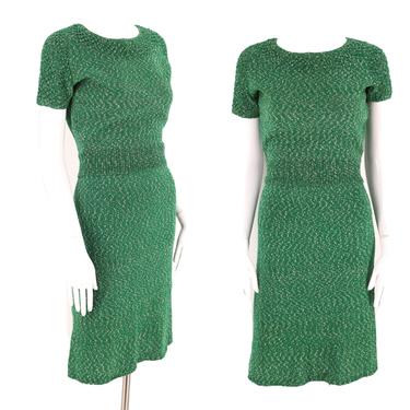 60s green KNIT day dress set S / vintage 1960s knitwear sweater girl outfit with skirt 