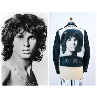 80s Vintage Black Leather Jacket Jim Morrison Doors // Vintage Leather Biker Jacket LA Roxx Rock and Roll Music Air Brushed Painted 