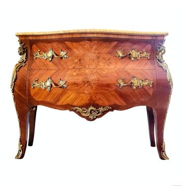 French Louis XV Style Marquetry Bombe Chest of Drawers Commode with Gilt Bronze Ormolu Mounts 