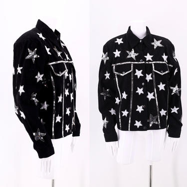 90s sequin star black denim jacket M  / vintage 1990s silver sparkly appliquéd jacket 