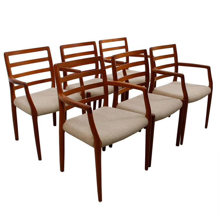 Set of 6  4 Arm (#68) + 2 Side (#85) Danish Teak Niels Moller Dining Chairs