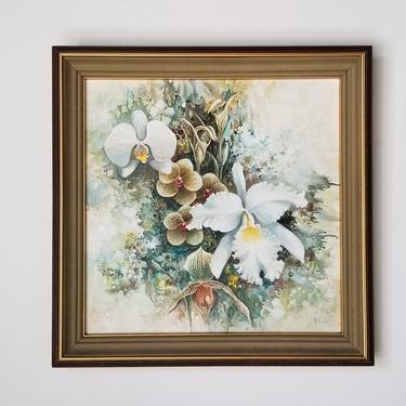 1970s Tropical Orchid Flowers Still Life Oil Painting, Framed. 