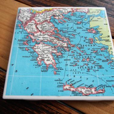 1983 Greece Handmade Repurposed Vintage Map Coaster - Ceramic Tile - Repurposed 1980s Funk and Wagnalls Atlas - Greek Isles Crete Athens 