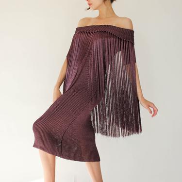 Julianna Bass Metallic Aubergine Knit Off The Shoulder Alyssa Dress w/ Cascading Fringe | Flapper, Art Deco, Boho | Designer Cocktail Dress 
