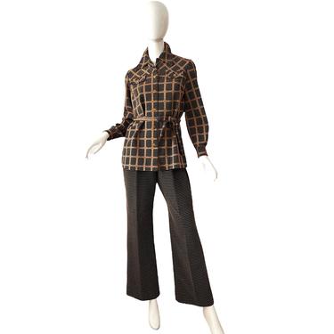 70s Gold Bell Bottoms Pant Set /Vintage Deadstock Mod Tailored Pant Suit Medium 