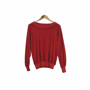 Vintage 80's Boatneck Red Velour Blouse Top, Size L 