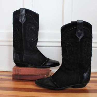 Vintage Loredano Black Suede &amp; Textured Leather Stitched Western Boots Size 37 / 6.5 