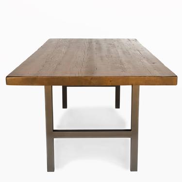 Solid Wood Conference Table with 2.5&quot; thick reclaimed wood top and steel H legs. Choice of size, height and finish. 
