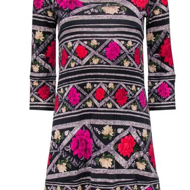 Diane von Furstenberg - Grey &amp; Black Printed Silk Shift Dress w/ Multicolored Floral Print Sz 2