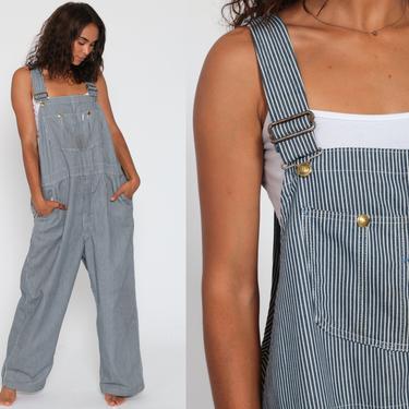 Striped Denim Overalls 90s Grunge Bib Overalls Jean Conductor Overalls Blue White Stripe Dungarees Wide Leg Pants Vintage Extra Large XL 