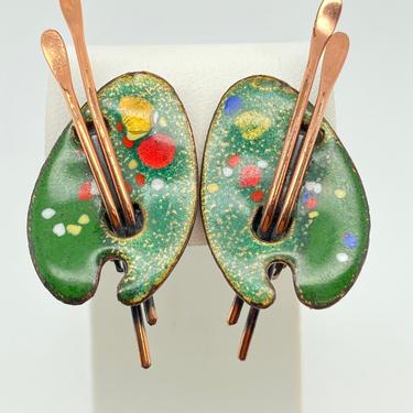 Vintage Matisse Enamel Copper Artist Palette Clip On Earrings Green Retro Signed Statement Whimsical 
