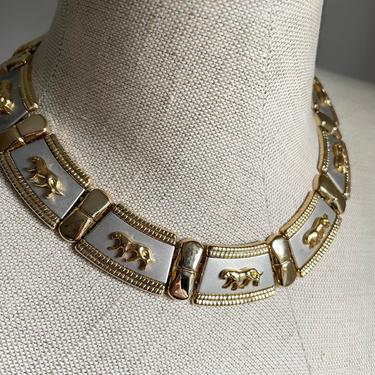 1980s / 1990s Golden Panther Wide Link Collar Statement Necklace with matching clip-on earrings 