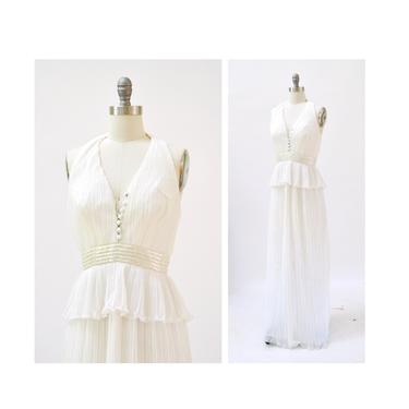 Vintage 1970s White Pleated Chiffon Halter Dress Gown XXS xs Small Sequin Long Sleeveless// 70s Vintage Sequin Wedding Evening Gown Dress 