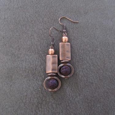 Industrial earrings, purple lava rock and copper minimalist earrings, mid century modern earrings, unique Art Deco earrings, geometric 