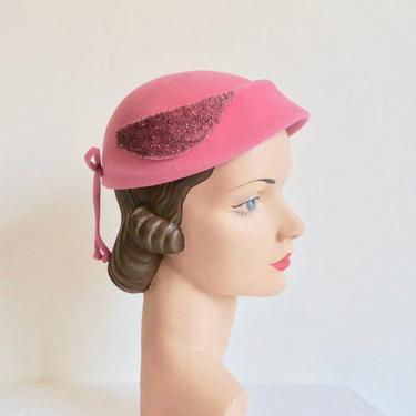 Vintage 1950's Bright Pink Wool Felt Hat with Glass Bead trim Bow Rockabilly Swing 50's Millinery Lee Bury Hats of Dallas 