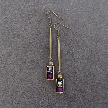 Sea glass earrings, bohemian earrings, beach earrings, brass boho earrings, long purple dangle earrings, artisan ethnic earring, simple chic 