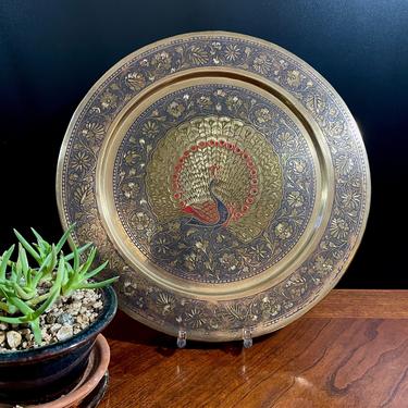 Vintage Etched Brass Wall or Display Plate, Peacock and Flowers, 11.5 inches, Gallery Wall, Gold, Wall Hanging, Boho Home Decor, India 