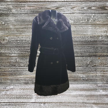 Vintage Black Faux Fur Coat, Pinup Bombshell Belted Black Jacket, Double Breasted Long Black Trench, Glamorous Rock Star, Vintage Clothing 