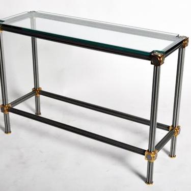 Mid-Century Modern Brass and Chrome “Puzzle Block” Console Table with Glass Top | c. 1970