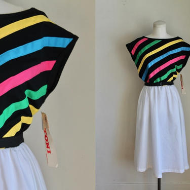 Vintage 1980s Toni Todd Rainbow Striped Day Dress / size M (NWT) 