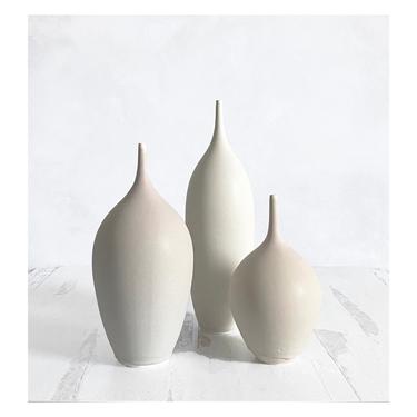 NEW COLOR- Trio of Taupe Stoneware Bottle Vases in Various Shades of Matte Neutrals . grey tan ecru beige linen oatmeal hues bud vase set 