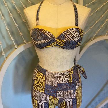 Vintage 1940s 2 Piece Tiki Hawaiian Swimsuit Bathing Suit - Size XS S 
