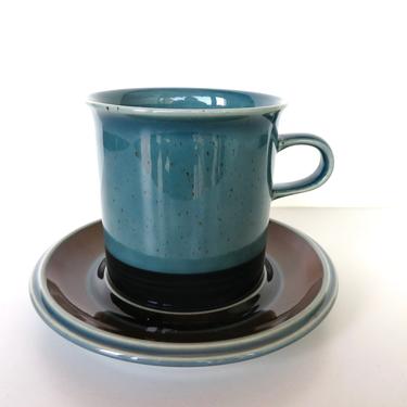 Arabia Finland Meri Tall Cup And Saucer Set, Ulla Procope 10 ounce Blue Stoneware Mug From Finland- 5 Available 