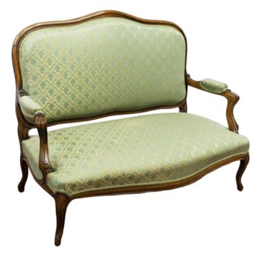 Antique Sofa, Louis XV Style Upholstered , Walnut Settee,Light Green, 1800s,
