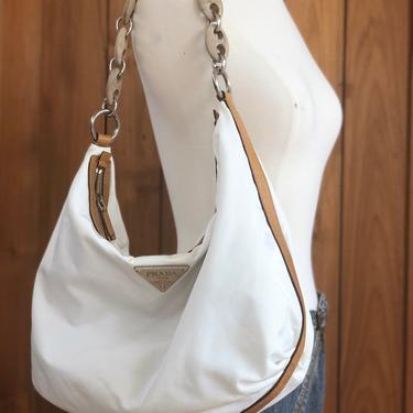 Vintage 90s PRADA Milano XL Wood Chain Hobo Handbag Tote Shoulder Satchel Purse White / Brown Carry All 