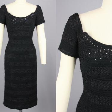 1960s Fitted Ribbon &amp; Wool Dress with Rhinestone Neckline | Vintage 60s Black Cocktail Dress | small 
