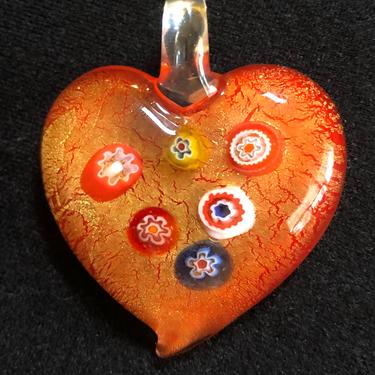 Millefiori and Gold Red Art Glass Heart Pemdant for a Necklace 