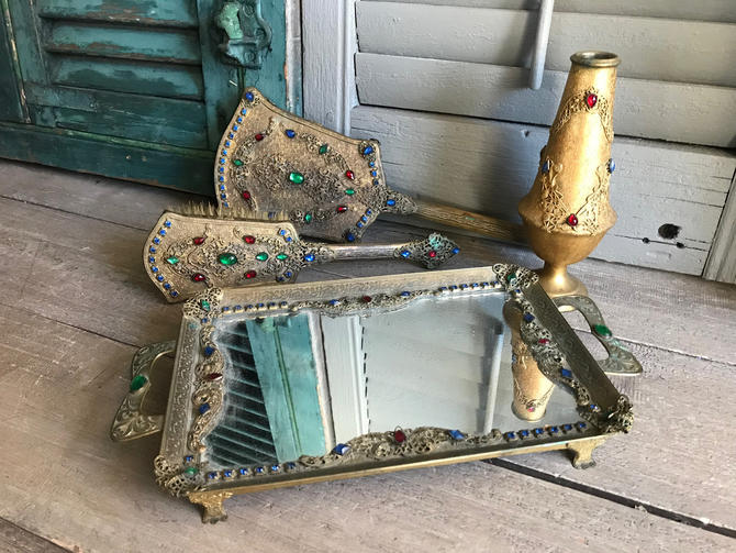 1915 Jeweled Dresser Set 4 Piece, Vintage Vanity Dresser Mirror Tray