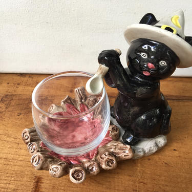 Vintage Black Cat Witch With Spoon And Small Bowl, Omnibus Black Cat Wizard Figurine With Cauldron 