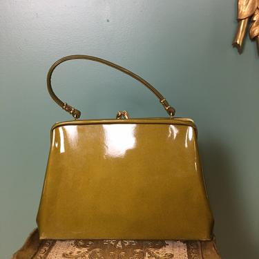 1950s handbag, olive green purse, vintage 50s purse, pearlescent purse, top handle, metallic green bag, mrs maisel style, 1960s purse, Kelly 