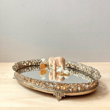 oval brass dresser tray - vintage vanity mirror 