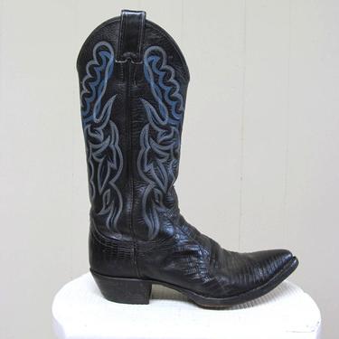 Vintage Cowboy Boots Justin for Billy Martins Black Leather and Lizard Western Boots, Women's Size 5 1/2 B US 
