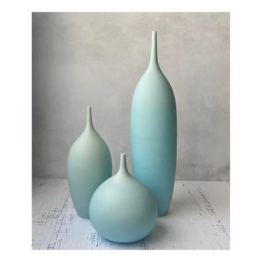 SHIPS NOW- Seconds Sale-  set of 3 Large Stoneware Bottle Vases in Shades Of Light Blue Aqua Matte by Sara Paloma.  blue ceramic pottery 
