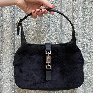 Vintage GUCCI Black Faux Fur / Leather MINI Jackie O Satchel Evening Shoulder Hobo Handbag Bag Purse 