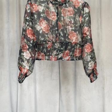 Vintage Floral Sheer Pouf Long Sleeve Blouse With Cutout Detail