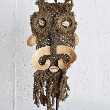Tribal Mask, Cowrie Shell Decor,  Macrame Wall Art, Boho Decor, Tribal Wall Art, Indonesian Mask 