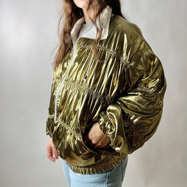 Vintage 80's Gold Lame Puffer Jacket Coat, Fits M-L 