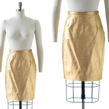 Vintage 1980s Skirt | 80s Metallic Gold Leather Buttery Soft High Waist Above Knee Mini Pencil Skirt (medium) 